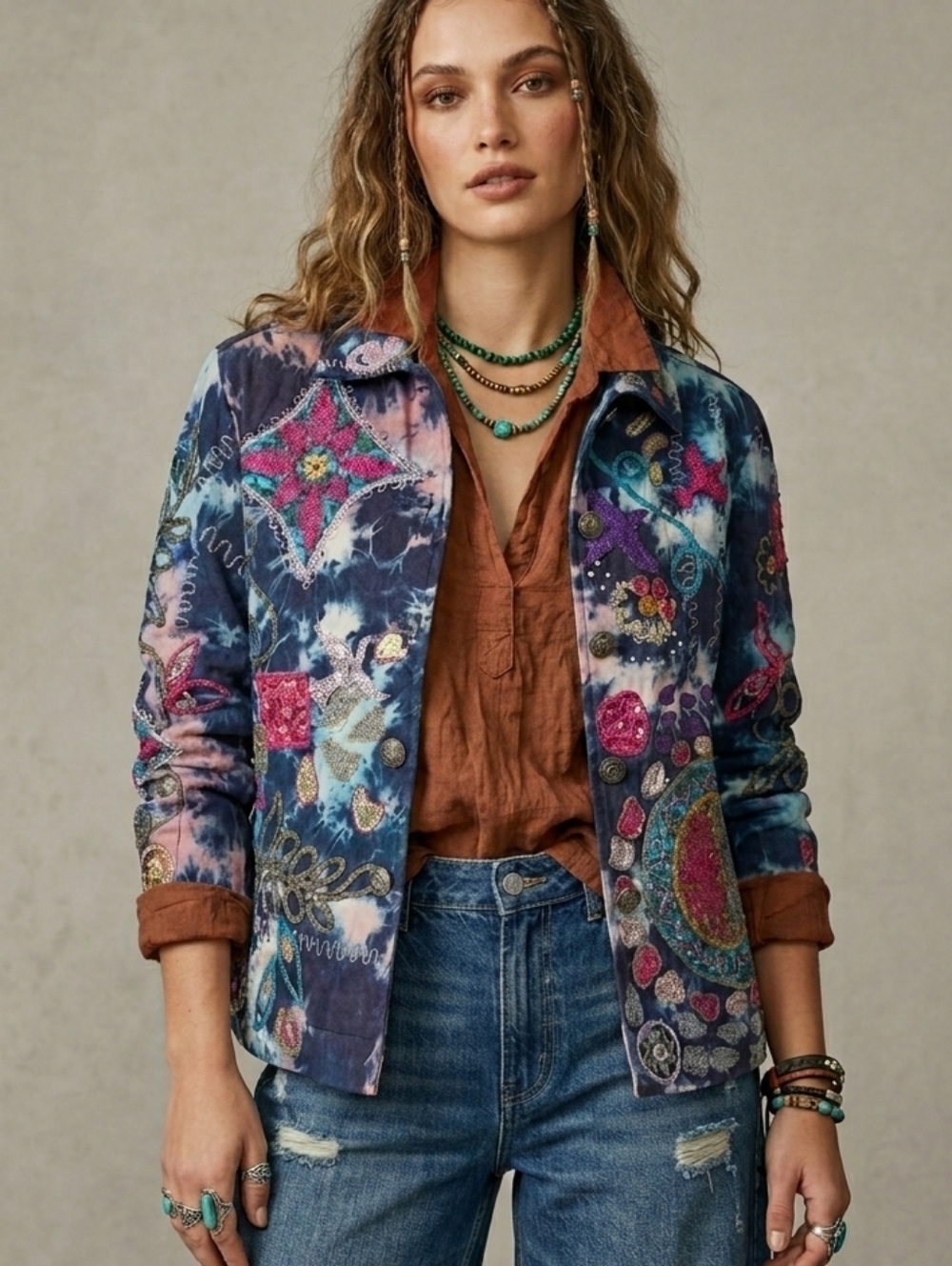 Allure Patchwork Denim Jacket Embroidered Boho Tie Dye Art to Wear Unique S/M